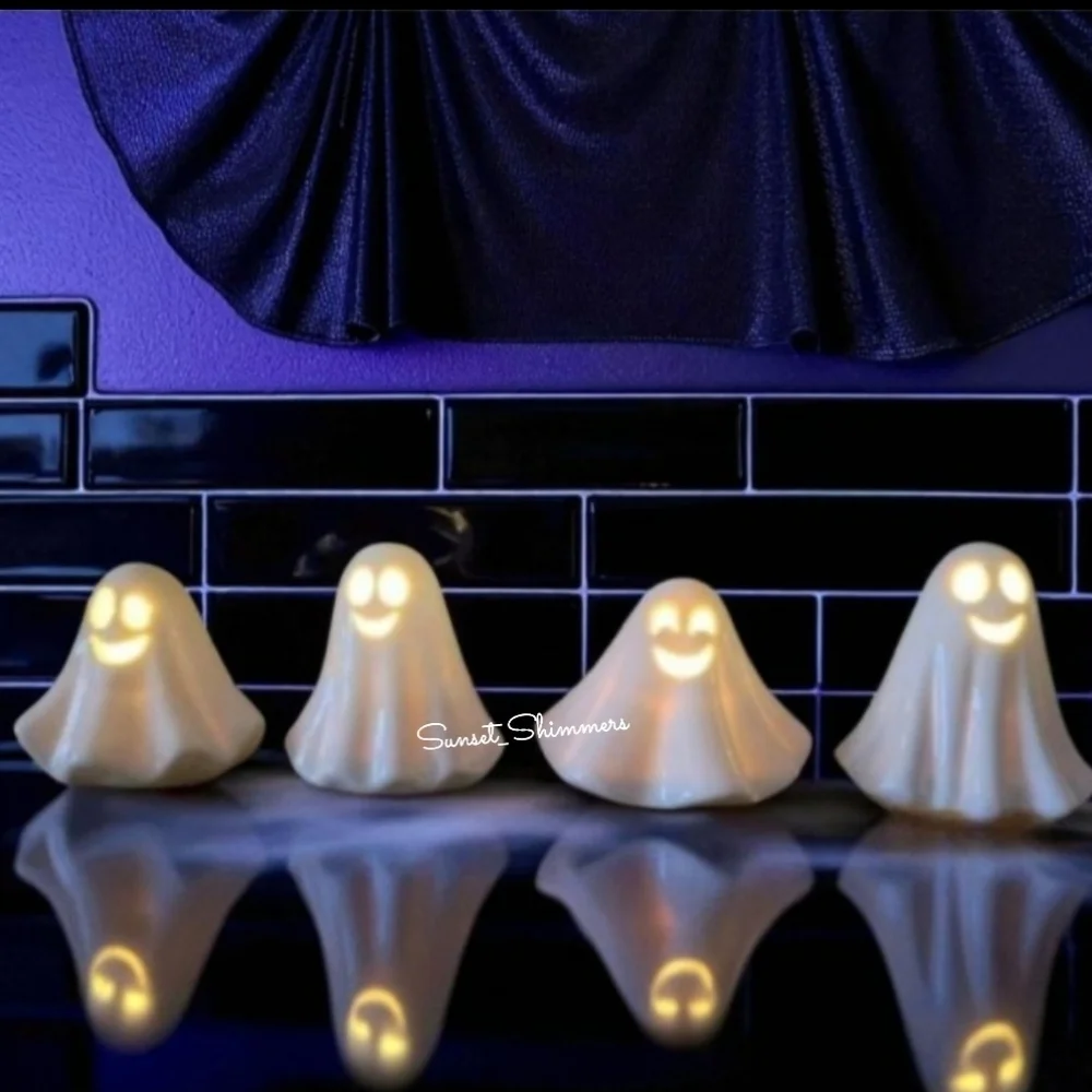 4pc Rachel Zoe Ceramic LED Light Up Smiling Ghost Tier Tray Figure Decor NEW